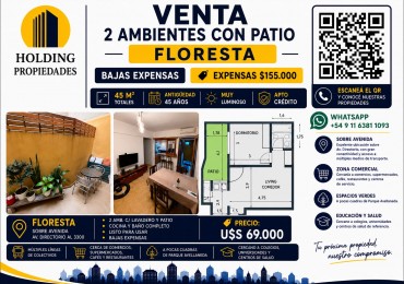2 ambientes con lavadero y patio luminoso ***APTO CREDITO BANCARIO***